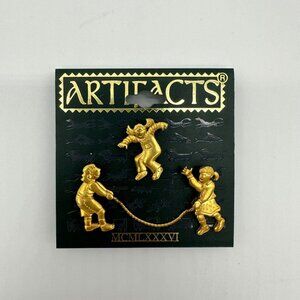 Vintage Artifacts Kids Jumping Rope Gold Tone Pin Set 1986 Playful Brooch Trio